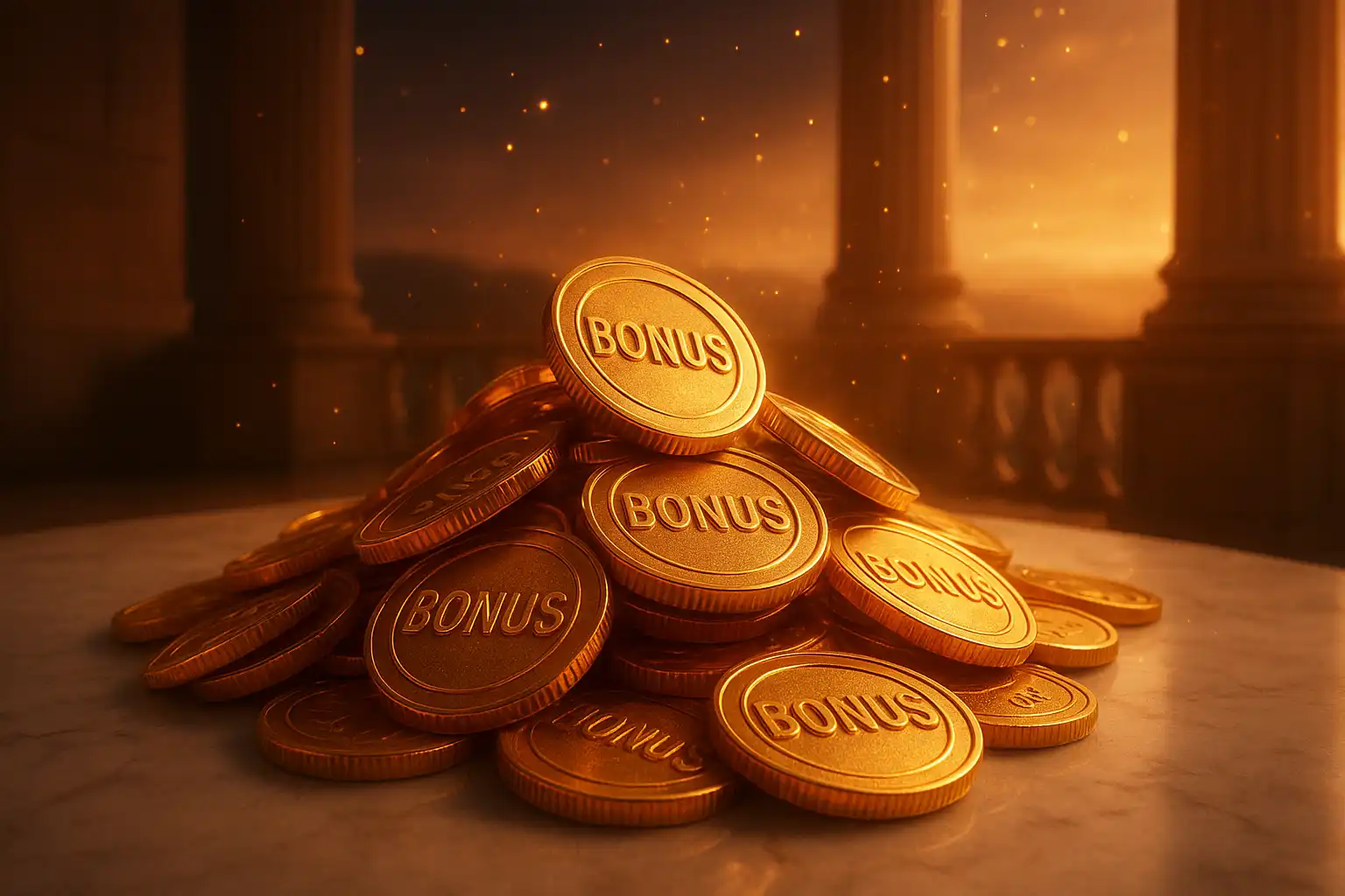 Golden bonus coins spilling across a marble Olympus terrace table