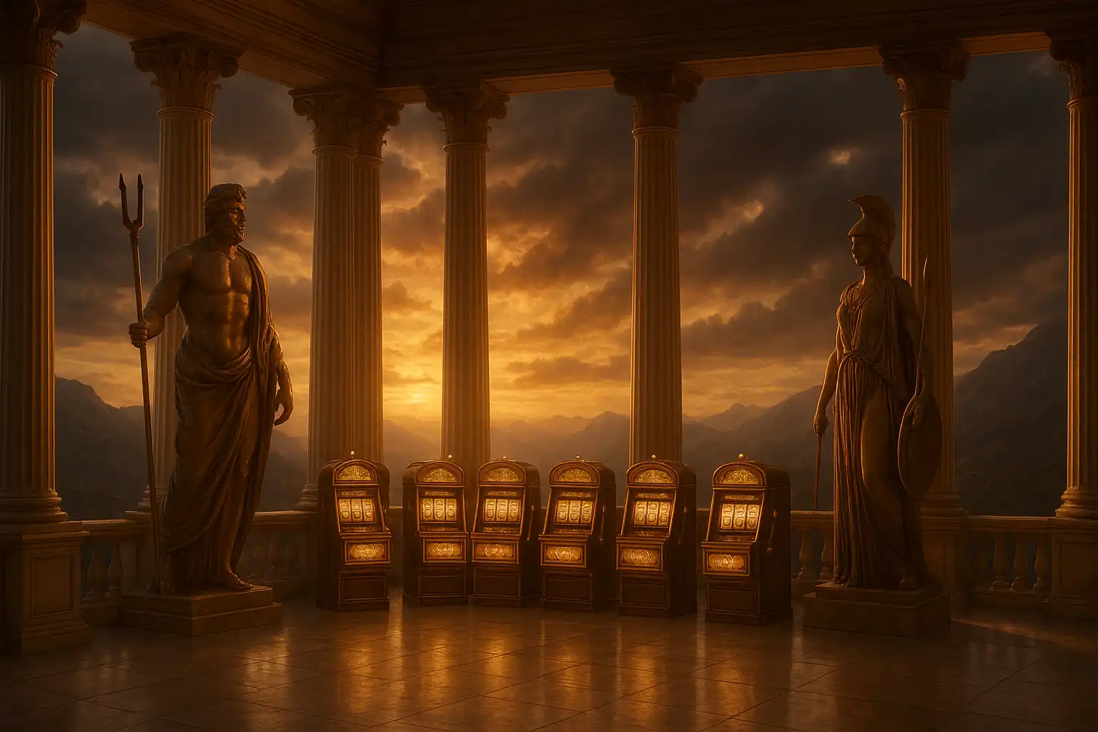 Mythical casino terrace on Mount Olympus with marble columns and glowing statues