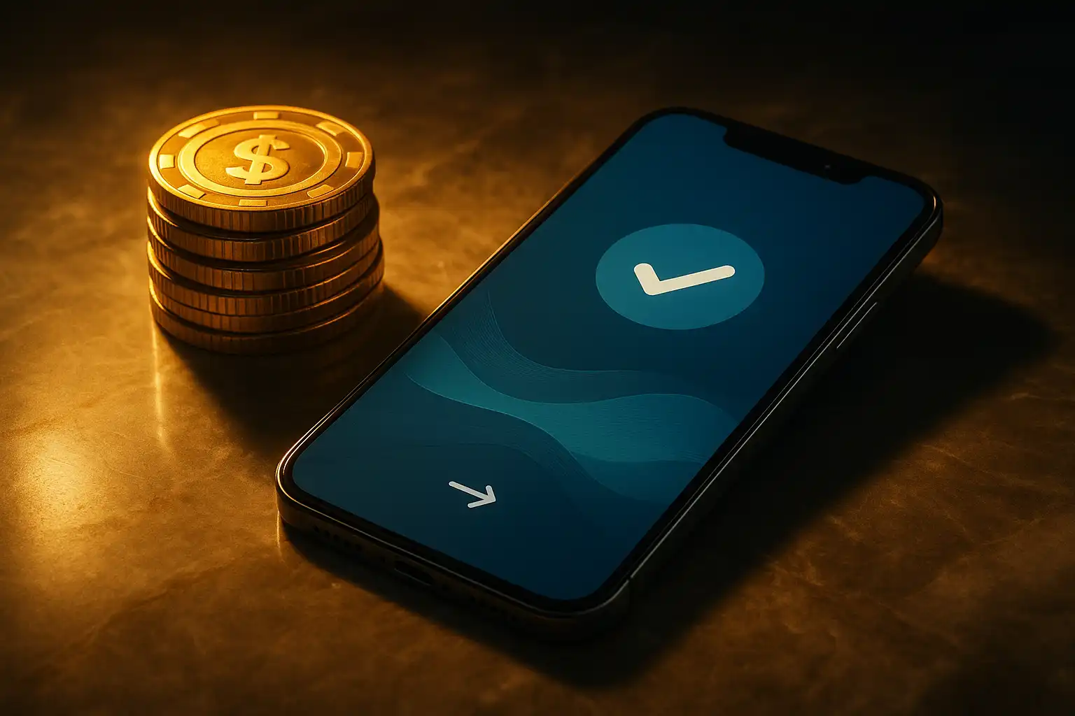 Smartphone showing a bank transfer confirmation beside golden casino chips