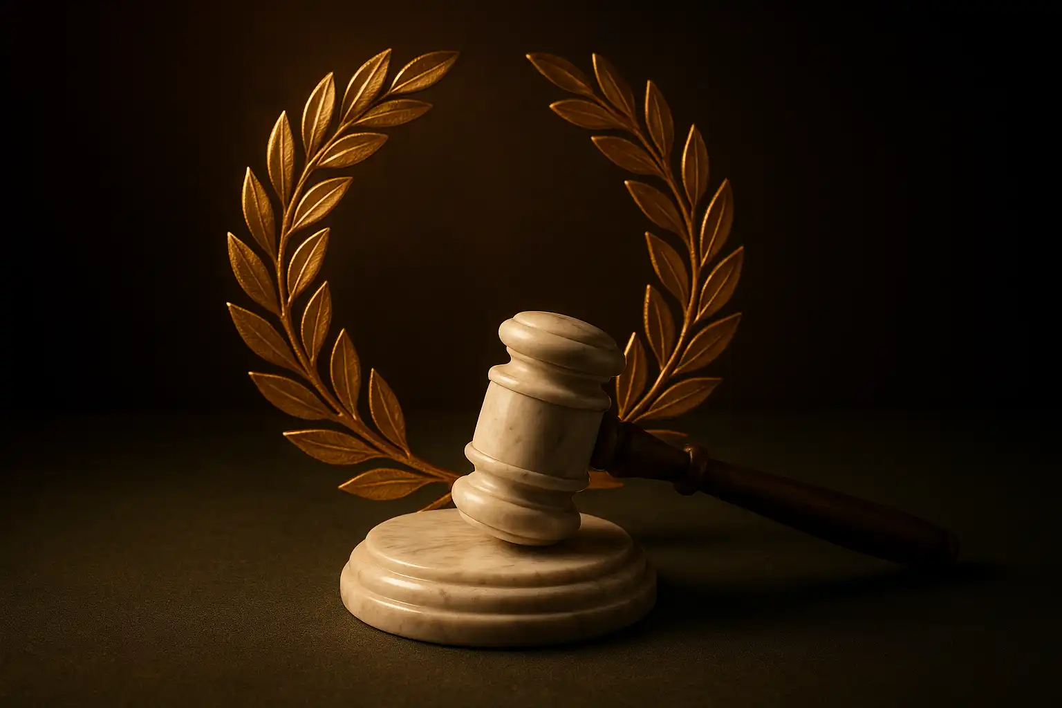 Judges gavel and golden laurel wreath resting on a marble casino table