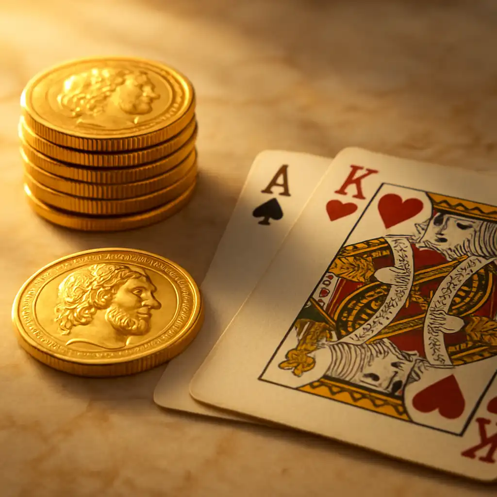 Golden coins and cards representing a casino deposit on marble surface