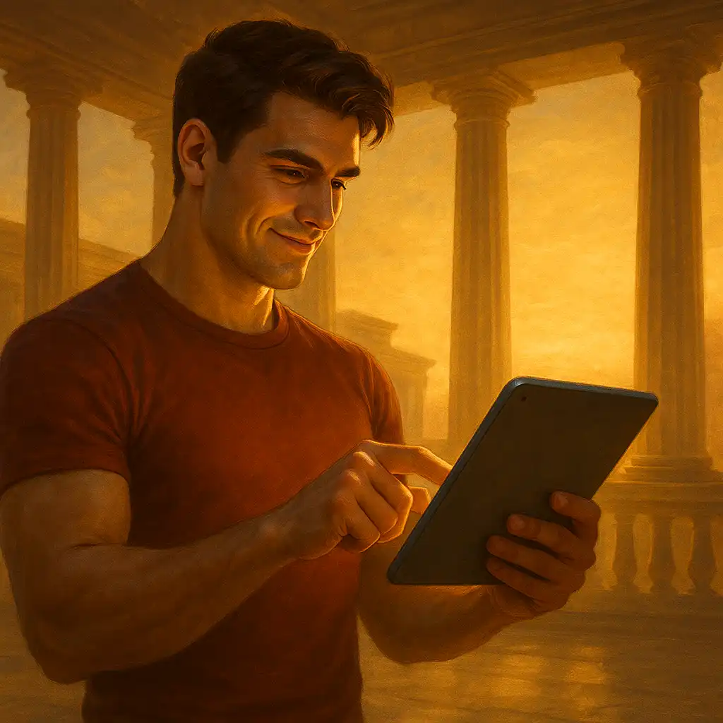 Player registering an account on a tablet with Greek terrace background